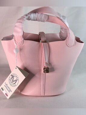 Pink Pebbled Vegan Leather Bucket Bag